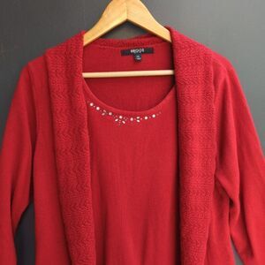 Briggs Petite Womens Cardigan Sweater Set PXL Red 3/4 Sleeve Rhinestone Xmas
